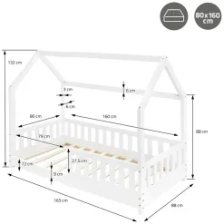 Kinderbett Hausbett 80x160 cm Weiß aus Kiefernholz mit Rausfallschutz Dach und Lattenrost Holzbett ML-Design