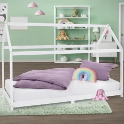Kinderbett Hausbett 90x200 cm Weiß aus Kiefernholz Holzbett mit Dach und Lattenrost ML-Design