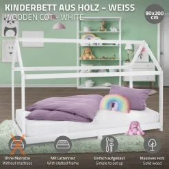 Kinderbett Hausbett 90x200 cm Weiß aus Kiefernholz Holzbett mit Dach und Lattenrost ML-Design