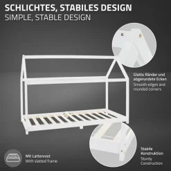 Kinderbett Hausbett 90x200 cm Weiß aus Kiefernholz Holzbett mit Dach und Lattenrost ML-Design