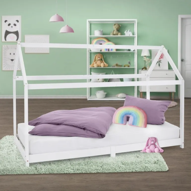 Kinderbett Hausbett 90x200 cm Weiß aus Kiefernholz Holzbett mit Dach und Lattenrost ML-Design