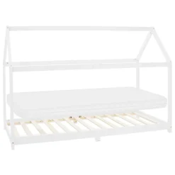 Kinderbett Hausbett 90x200 cm Weiß aus Kiefernholz inkl. Matratze H-10cm Holzbett mit Dach und Lattenrost ML-Design