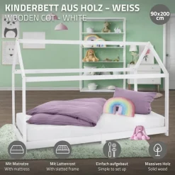 Kinderbett Hausbett 90x200 cm Weiß aus Kiefernholz inkl. Matratze H-10cm Holzbett mit Dach und Lattenrost ML-Design