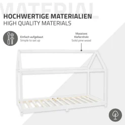 Kinderbett Hausbett 90x200 cm Weiß aus Kiefernholz inkl. Matratze H-10cm Holzbett mit Dach und Lattenrost ML-Design