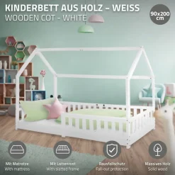 Kinderbett Hausbett 90x200 cm Weiß aus Kiefernholz inkl. Matratze H-10cm Rausfallschutz Dach und Lattenrost ML-Design