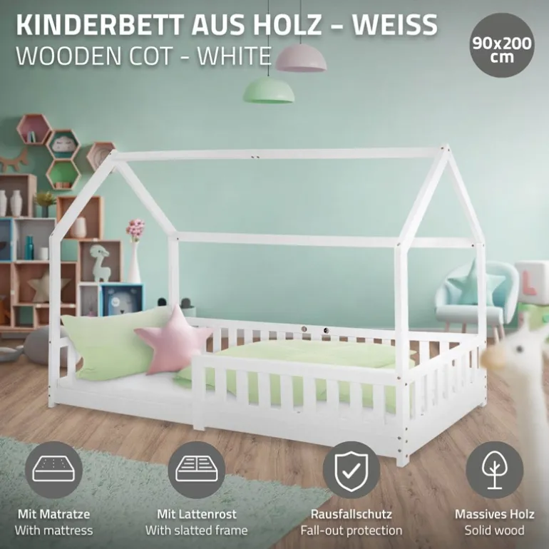 Kinderbett Hausbett 90x200 cm Weiß aus Kiefernholz inkl. Matratze H-10cm Rausfallschutz Dach und Lattenrost ML-Design