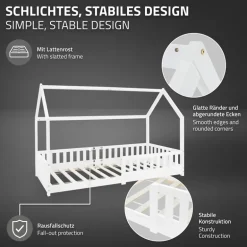 Kinderbett Hausbett 90x200 cm Weiß aus Kiefernholz inkl. Matratze H-10cm Rausfallschutz Dach und Lattenrost ML-Design