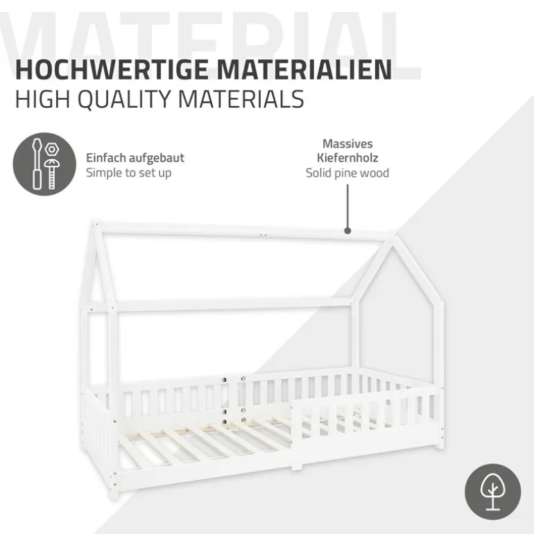 Kinderbett Hausbett 90x200 cm Weiß aus Kiefernholz inkl. Matratze H-10cm Rausfallschutz Dach und Lattenrost ML-Design