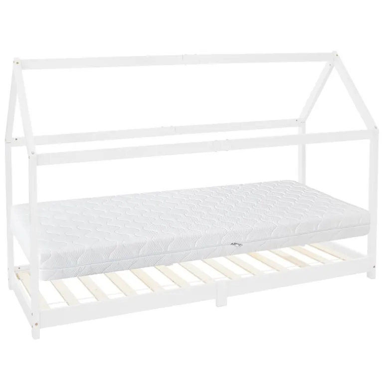Kinderbett Hausbett 90x200 cm Weiß aus Kiefernholz inkl. Matratze H-16cm Holzbett mit Dach und Lattenrost ML-Design