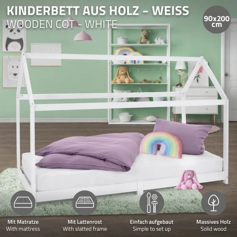 Kinderbett Hausbett 90x200 cm Weiß aus Kiefernholz inkl. Matratze H-16cm Holzbett mit Dach und Lattenrost ML-Design