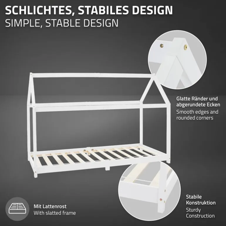 Kinderbett Hausbett 90x200 cm Weiß aus Kiefernholz inkl. Matratze H-16cm Holzbett mit Dach und Lattenrost ML-Design
