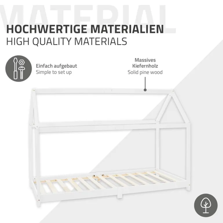 Kinderbett Hausbett 90x200 cm Weiß aus Kiefernholz inkl. Matratze H-16cm Holzbett mit Dach und Lattenrost ML-Design