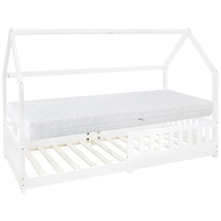 Kinderbett Hausbett 90x200 cm Weiß aus Kiefernholz inkl. Matratze H-16cm Rausfallschutz Dach und Lattenrost ML-Design