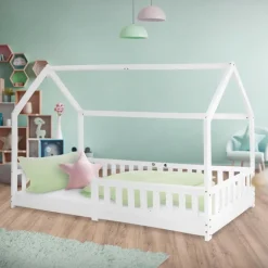 Kinderbett Hausbett 90x200 cm Weiß aus Kiefernholz mit Rausfallschutz Dach und Lattenrost Holzbett ML-Design