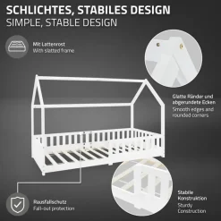 Kinderbett Hausbett 90x200 cm Weiß aus Kiefernholz mit Rausfallschutz Dach und Lattenrost Holzbett ML-Design