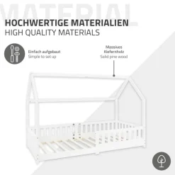 Kinderbett Hausbett 90x200 cm Weiß aus Kiefernholz mit Rausfallschutz Dach und Lattenrost Holzbett ML-Design