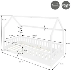 Kinderbett Hausbett 90x200 cm Weiß aus Kiefernholz mit Rausfallschutz Dach und Lattenrost Holzbett ML-Design