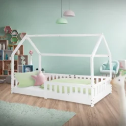 Kinderbett Hausbett 90x200 cm Weiß aus Kiefernholz mit Rausfallschutz Dach und Lattenrost Holzbett ML-Design