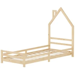 Kinderbett Haus 90x200 cm Natur Hausbett für Kinder Holzbett mit Lattenrost Schornstein Design ML-Design