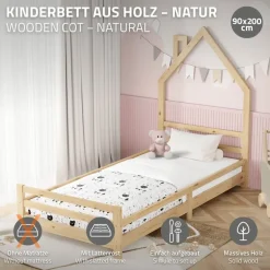 Kinderbett Haus 90x200 cm Natur Hausbett für Kinder Holzbett mit Lattenrost Schornstein Design ML-Design