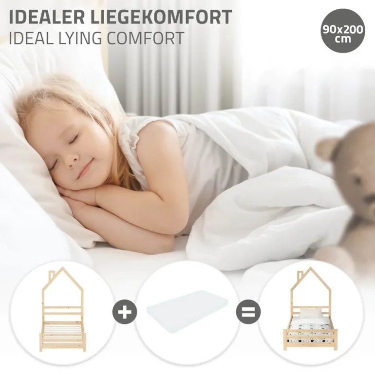 Kinderbett Haus 90x200 cm Natur Hausbett für Kinder Holzbett mit Lattenrost Schornstein Design ML-Design