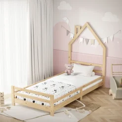 Kinderbett Haus 90x200 cm Natur Hausbett für Kinder Holzbett mit Lattenrost Schornstein Design ML-Design