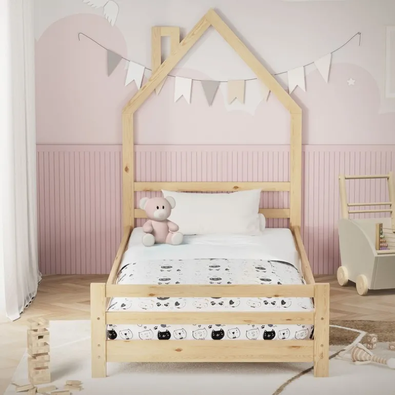 Kinderbett Haus 90x200 cm Natur Hausbett für Kinder Holzbett mit Lattenrost Schornstein Design ML-Design