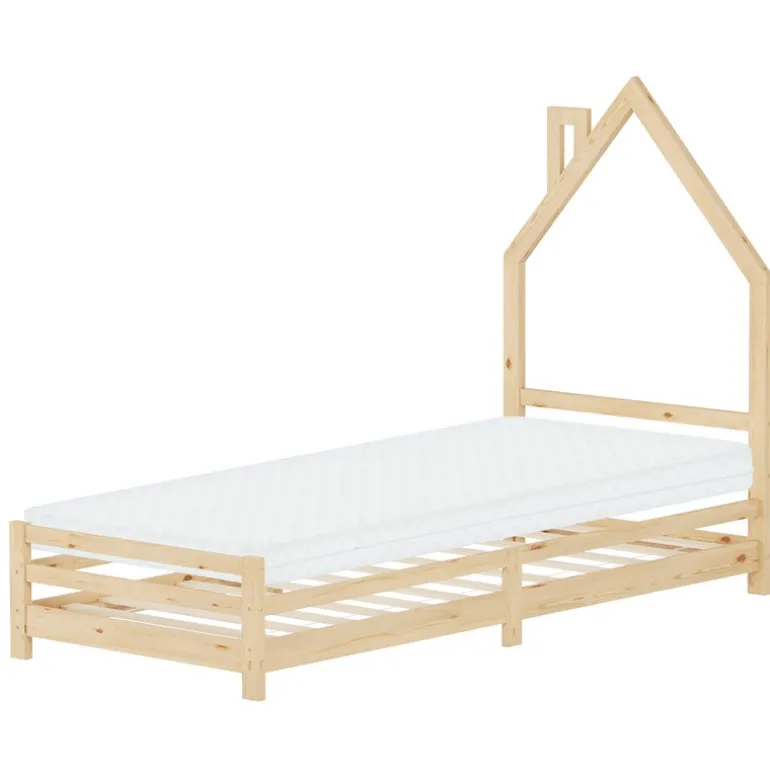 Kinderbett Haus 90x200 cm Natur mit Matratze H:10cm Holzbett für Kinder mit Lattenrost Schornstein Design ML-Design