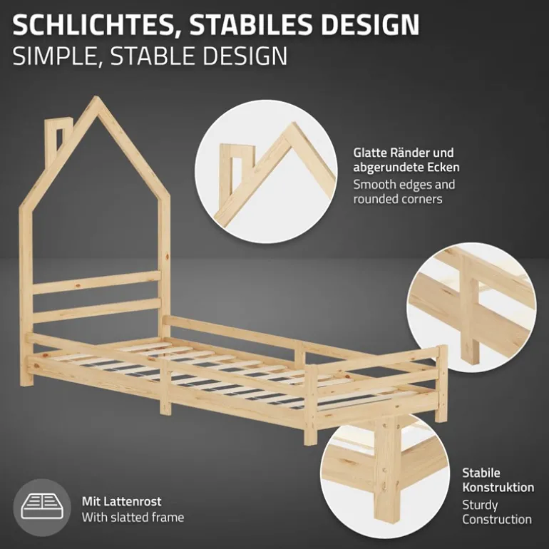 Kinderbett Haus 90x200 cm Natur mit Matratze H:10cm Holzbett für Kinder mit Lattenrost Schornstein Design ML-Design