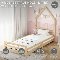 Kinderbett Haus 90x200 cm Natur mit Matratze H:16cm Holzbett für Kinder mit Lattenrost Schornstein Design ML-Design