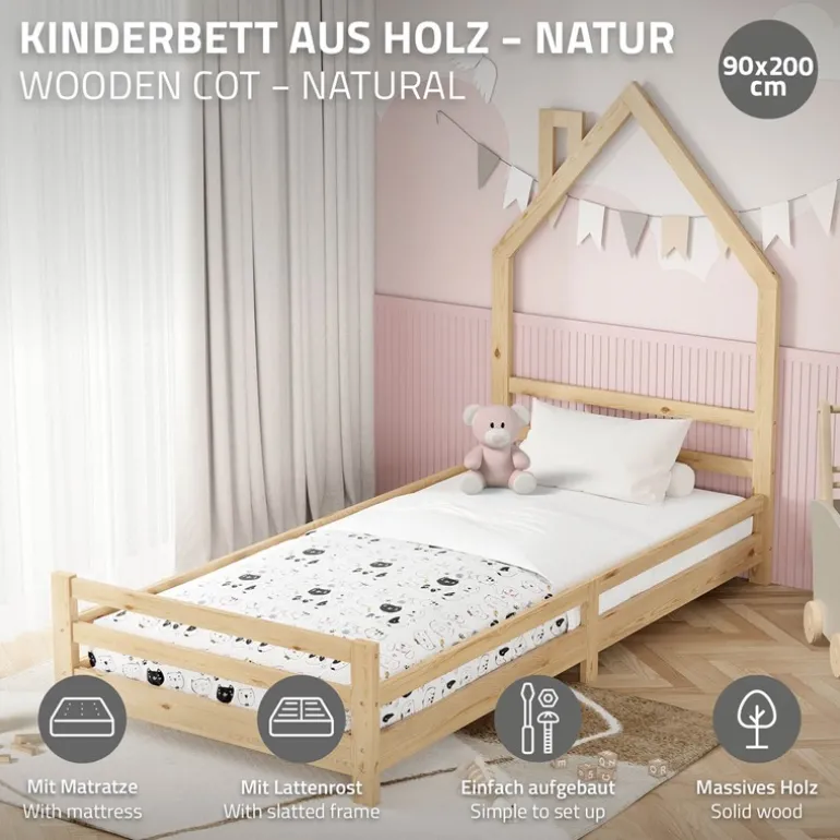 Kinderbett Haus 90x200 cm Natur mit Matratze H:16cm Holzbett für Kinder mit Lattenrost Schornstein Design ML-Design