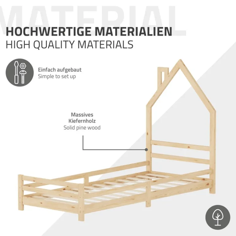 Kinderbett Haus 90x200 cm Natur mit Matratze H:16cm Holzbett für Kinder mit Lattenrost Schornstein Design ML-Design