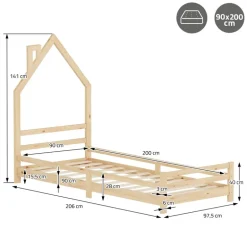 Kinderbett Haus 90x200 cm Natur mit Matratze H:16cm Holzbett für Kinder mit Lattenrost Schornstein Design ML-Design
