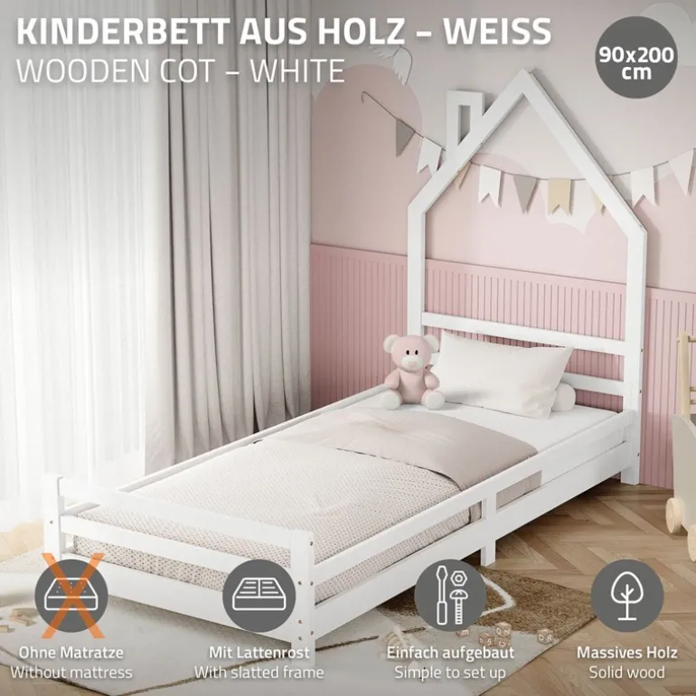 Kinderbett Haus 90x200 cm Weiß Hausbett für Kinder Holzbett mit Lattenrost Schornstein Design ML-Design