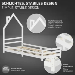 Kinderbett Haus 90x200 cm Weiß Hausbett für Kinder Holzbett mit Lattenrost Schornstein Design ML-Design