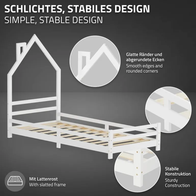 Kinderbett Haus 90x200 cm Weiß Hausbett für Kinder Holzbett mit Lattenrost Schornstein Design ML-Design