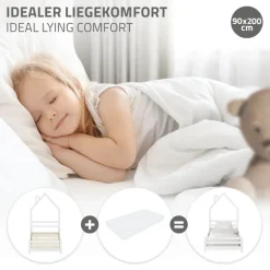 Kinderbett Haus 90x200 cm Weiß Hausbett für Kinder Holzbett mit Lattenrost Schornstein Design ML-Design