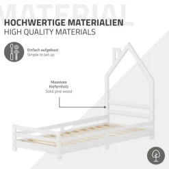 Kinderbett Haus 90x200 cm Weiß Hausbett für Kinder Holzbett mit Lattenrost Schornstein Design ML-Design