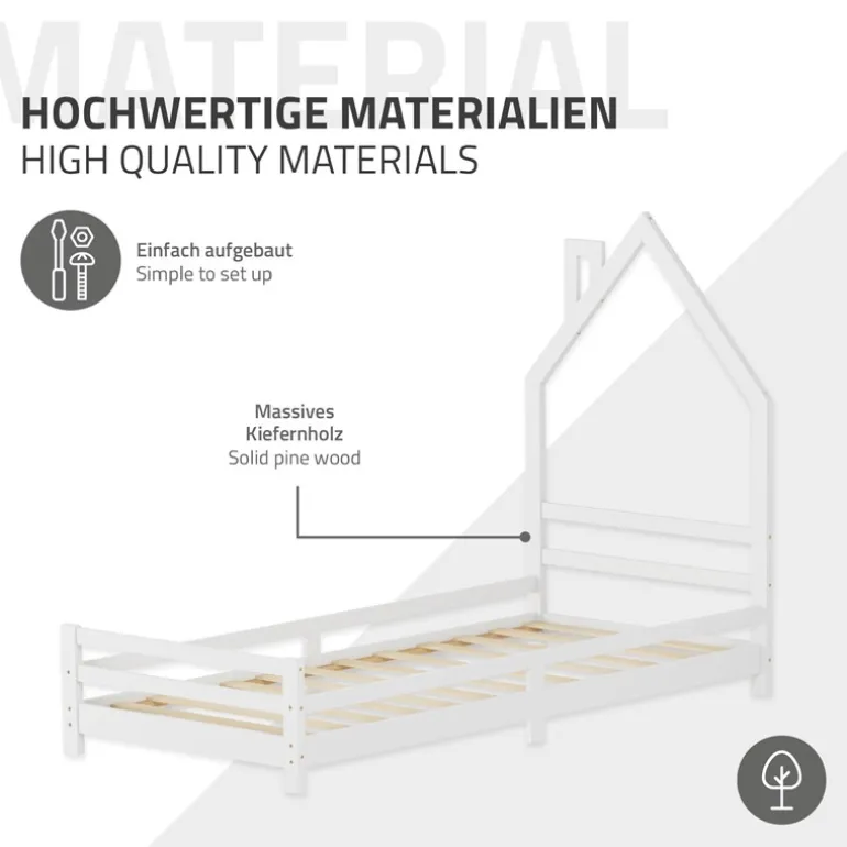 Kinderbett Haus 90x200 cm Weiß Hausbett für Kinder Holzbett mit Lattenrost Schornstein Design ML-Design