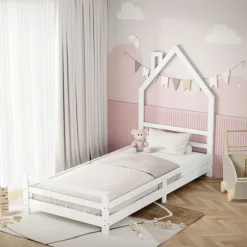 Kinderbett Haus 90x200 cm Weiß Hausbett für Kinder Holzbett mit Lattenrost Schornstein Design ML-Design
