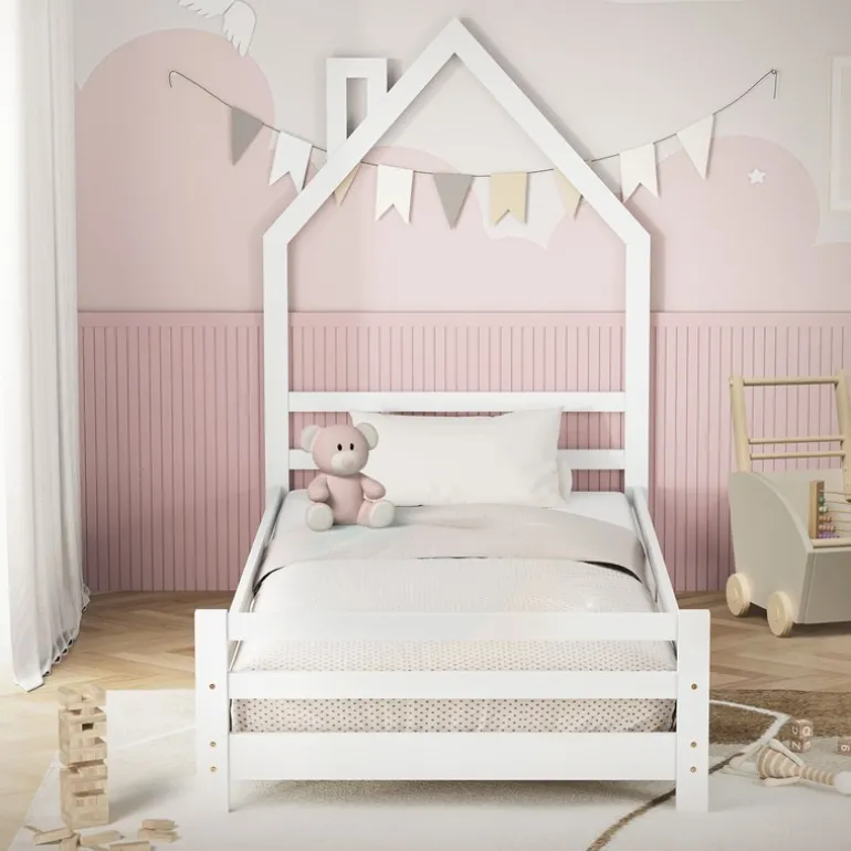 Kinderbett Haus 90x200 cm Weiß Hausbett für Kinder Holzbett mit Lattenrost Schornstein Design ML-Design