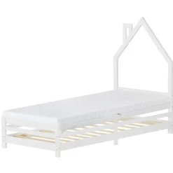 Kinderbett Haus 90x200 cm Weiß mit Matratze H:16cm Holzbett für Kinder mit Lattenrost Schornstein Design ML-Design