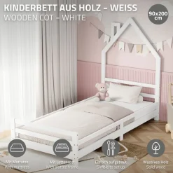 Kinderbett Haus 90x200 cm Weiß mit Matratze H:16cm Holzbett für Kinder mit Lattenrost Schornstein Design ML-Design