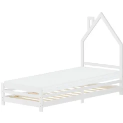 Kinderbett Haus 90x200 cm Weiß mit Matratze H:10cm Holzbett für Kinder mit Lattenrost Schornstein Design ML-Design