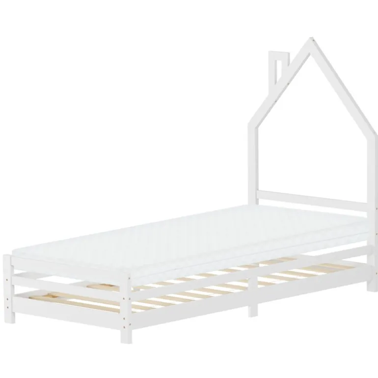 Kinderbett Haus 90x200 cm Weiß mit Matratze H:10cm Holzbett für Kinder mit Lattenrost Schornstein Design ML-Design
