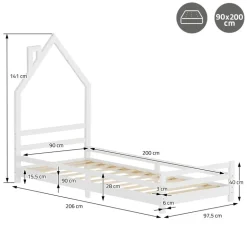 Kinderbett Haus 90x200 cm Weiß mit Matratze H:10cm Holzbett für Kinder mit Lattenrost Schornstein Design ML-Design
