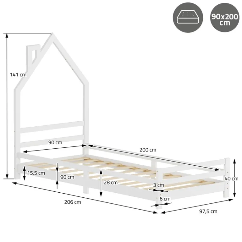 Kinderbett Haus 90x200 cm Weiß mit Matratze H:10cm Holzbett für Kinder mit Lattenrost Schornstein Design ML-Design