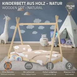 Kinderbett Tipi 70x140 cm aus Kiefernholz Holzbett mit Lattenrost ML-Design