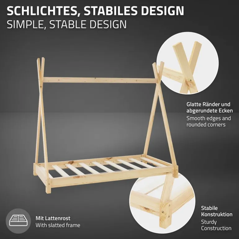 Kinderbett Tipi 70x140 cm aus Kiefernholz Holzbett mit Lattenrost ML-Design