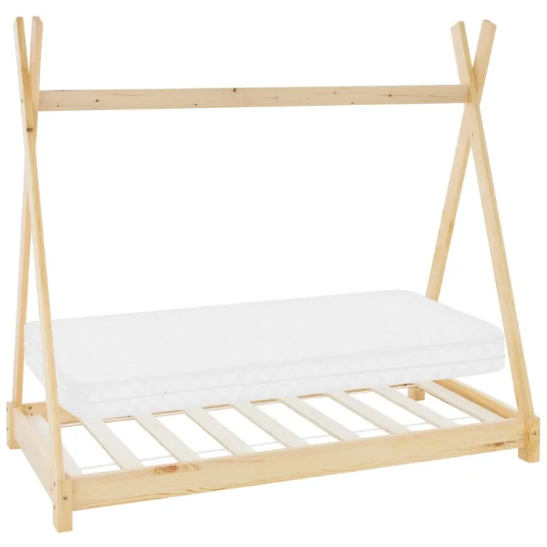 Kinderbett Tipi 70x140 cm aus Kiefernholz inkl. Matratze H-10cm Holzbett mit Lattenrost ML-Design